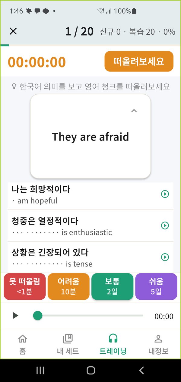 트레이닝 — 청크 카드, 못떠올림·어려움·보통·쉬움 4버튼